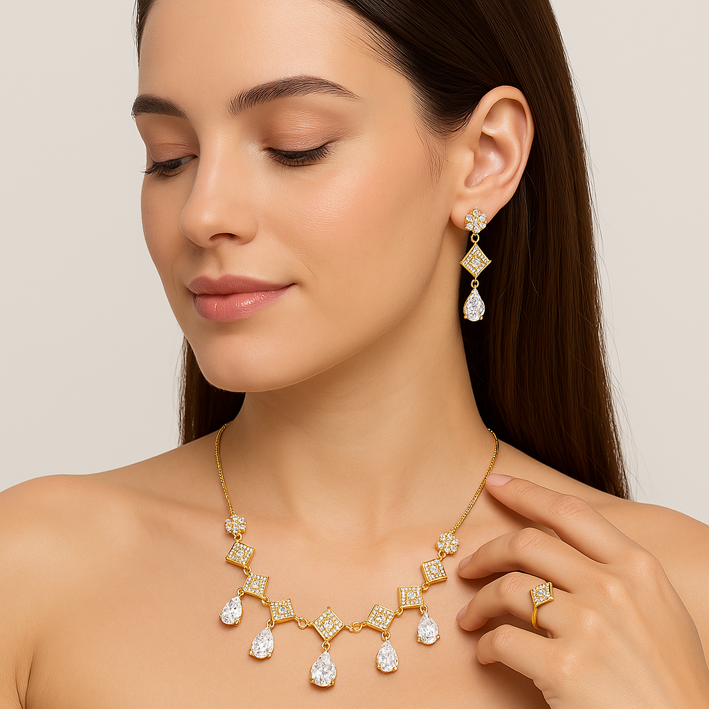 Elegant Gold-Plated Necklace Set with Cubic Zirconia Stones – Noor-e-zewar