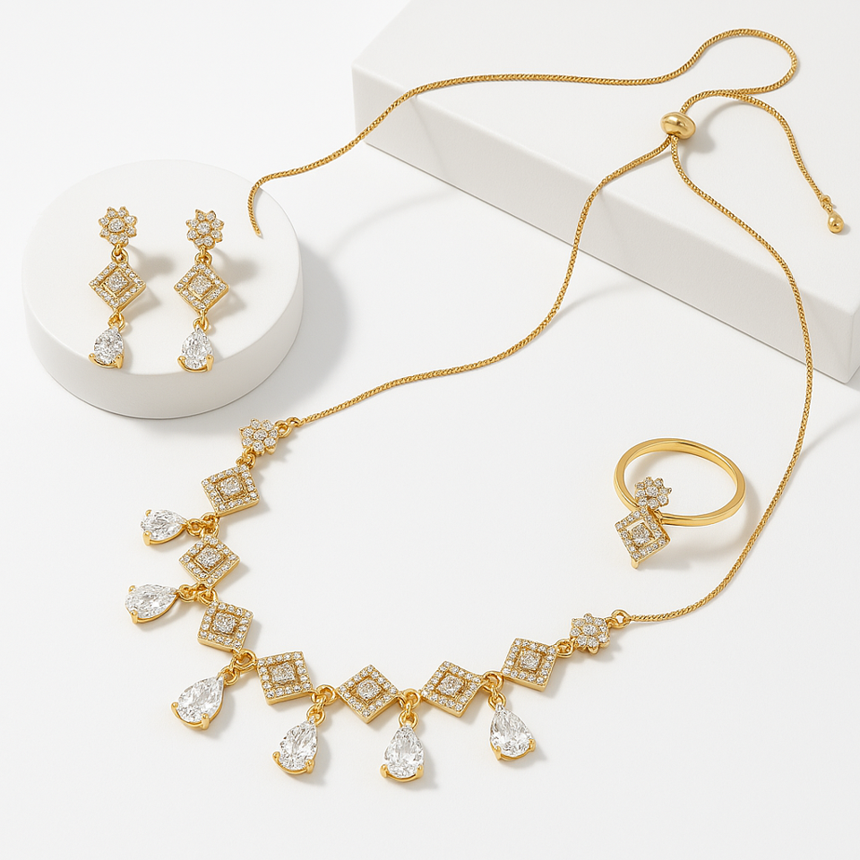 Elegant Gold-Plated Necklace Set with Cubic Zirconia Stones – Noor-e-zewar